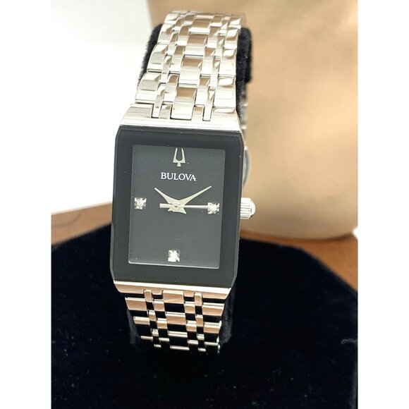 Bulova Women's Watch 96P202 Quartz Black Dial Diamond Quadra Tank Silver Steel - Picture 1 of 14